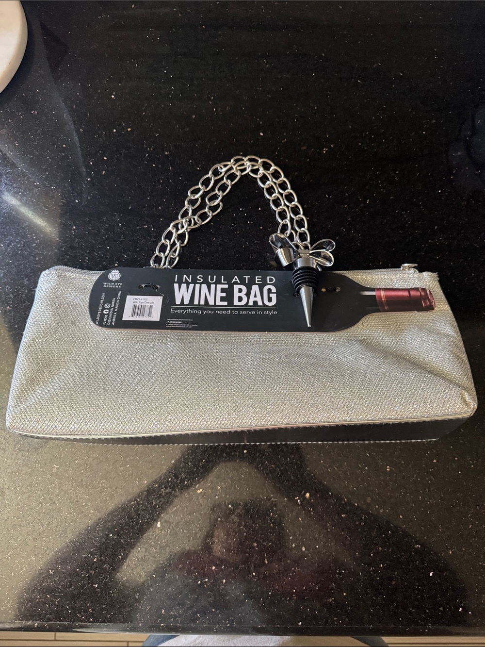 Insulated Silver Wine Tote with Chain Handle - Unbranded